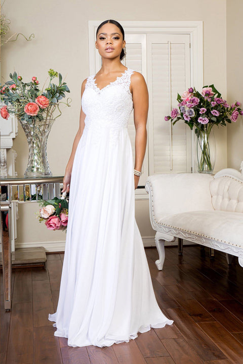 Elizabeth K Gl2311: Long White Dress with Appliqué Detailing and V-Neckline