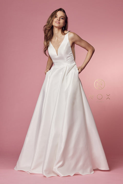 Long V-Neck White Taffeta Dress by Nox Anabel E156W