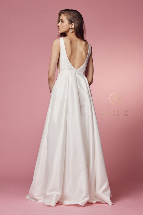 Long V-Neck White Taffeta Dress by Nox Anabel E156W