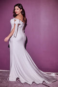 White Off Shoulder Gown by Cinderella Divine CD944W
