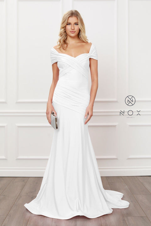 Off Shoulder White Mermaid Gown by Nox Anabel E497W