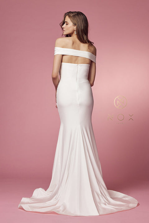 Off Shoulder White Mermaid Gown by Nox Anabel E497W
