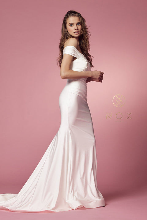 Off Shoulder White Mermaid Gown by Nox Anabel E497W