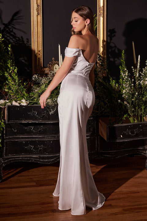 Ivory Satin Elegance: Off Shoulder Corset Slit Gown - Cinderella Divine 7492W